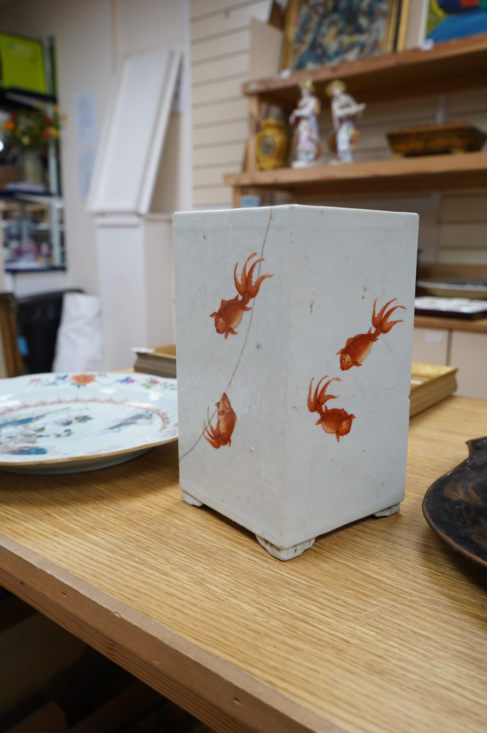 A Chinese square vase painted with fish, and a Chinese famille rose scenic dish, vase 22cm high. Condition - fair